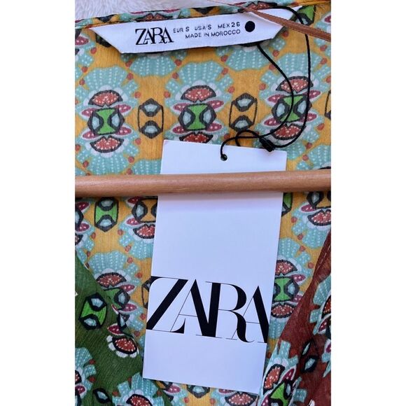 NWT Zara Multicolor Semi-Sheer Long Sleeve Tie Scarf Beaded Boho Printed Blouse - Picture 12 of 16